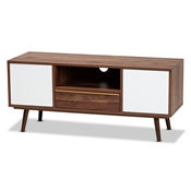 Baxton Studio Grover Mid-Century Modern Two-Tone Cherry Brown and White Finished Wood 2-Door TV Stand